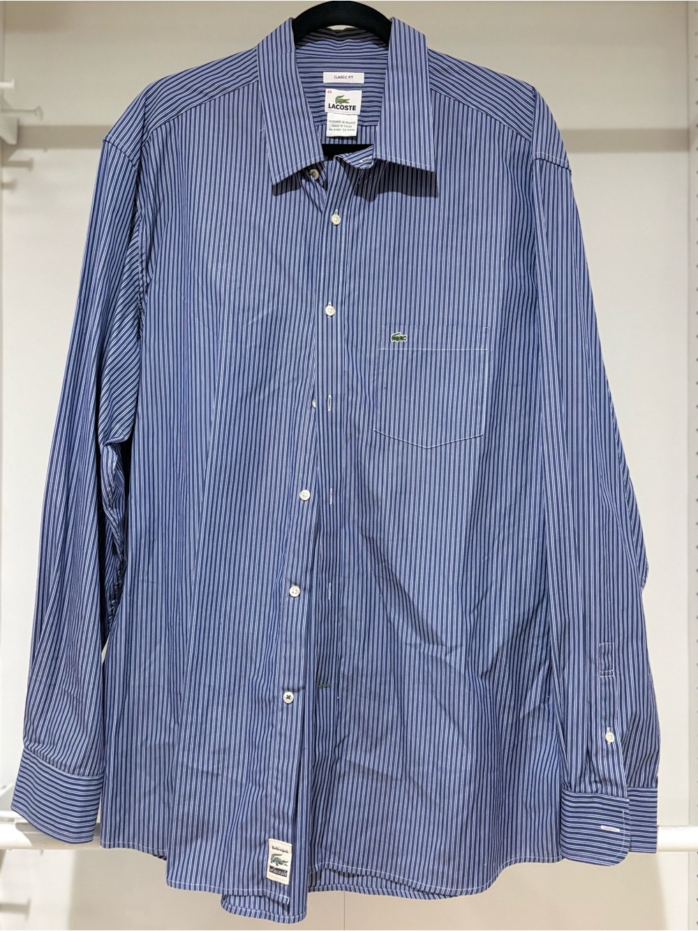 Lacoste Classic Fit Striped Button Down Shirt Blue White L/S Size 46 L XL